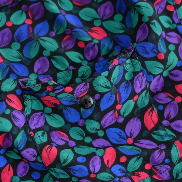 Vintage Black Green Blue Red Floral Button Up Long Sleeve Blouse - Picture 14 of 15